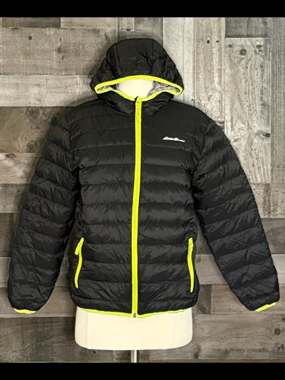 Eddie Bauer black silver reversible puffer jacket boy size 14 utilitarian winter